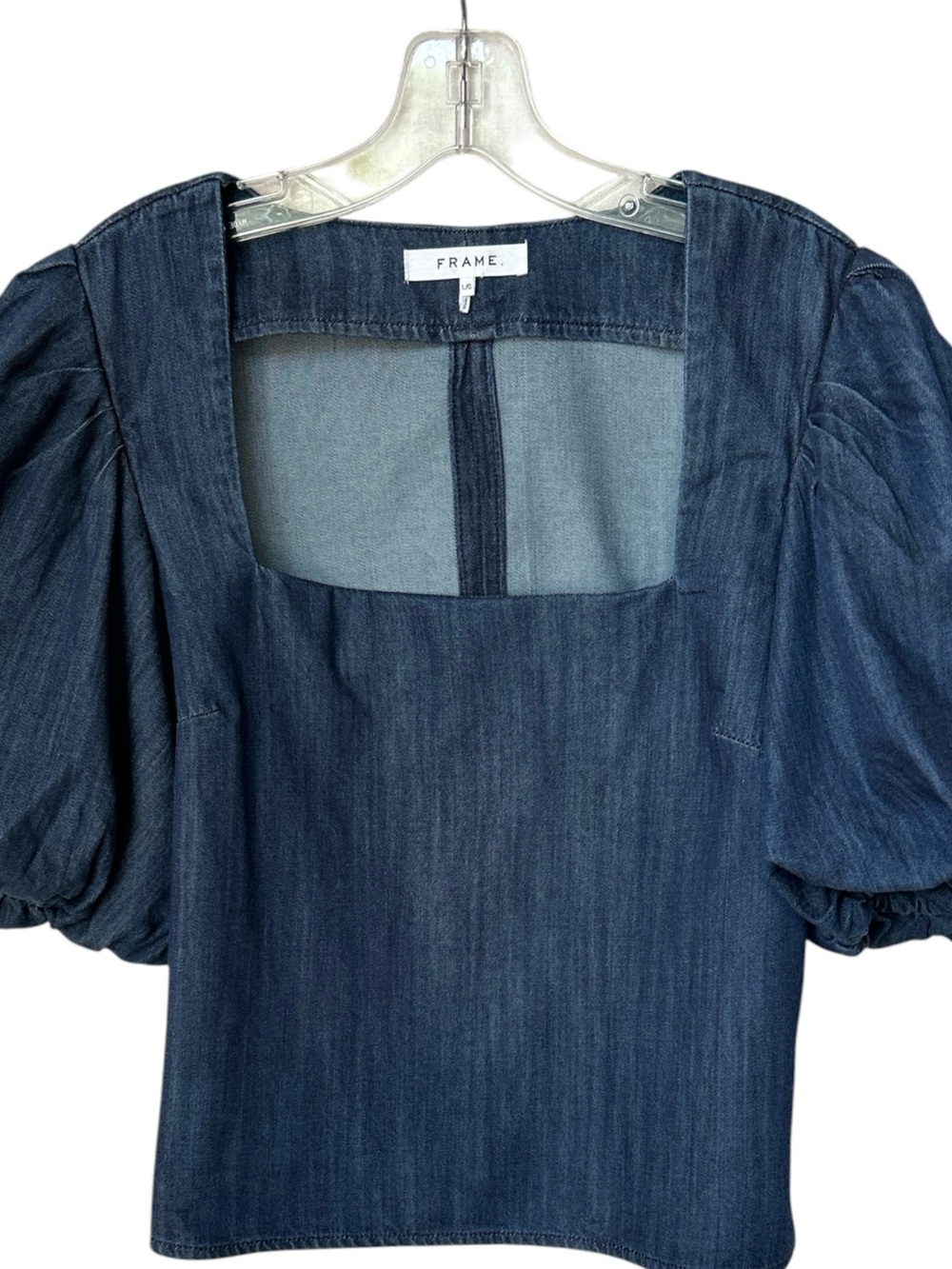 Frame Nina Denim Cropped Blouse Puff Sleeve Square Neck Blue Size L
